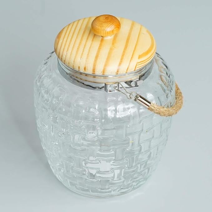 Femora Kitchen Storage Jars Embossed Glass Jar With Wooden Lid & Jute Chain Air Tight Jar | 2000 Ml | Pack of 1 Jar