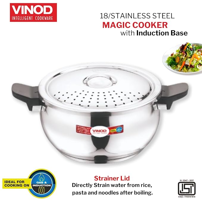 Vinod Magic Stainless Steel Smart 3 in 1 Pressure Cooker 3.5 Litre | 5mm Thick Base | All in One Cooker with Strainer & Glass Lid