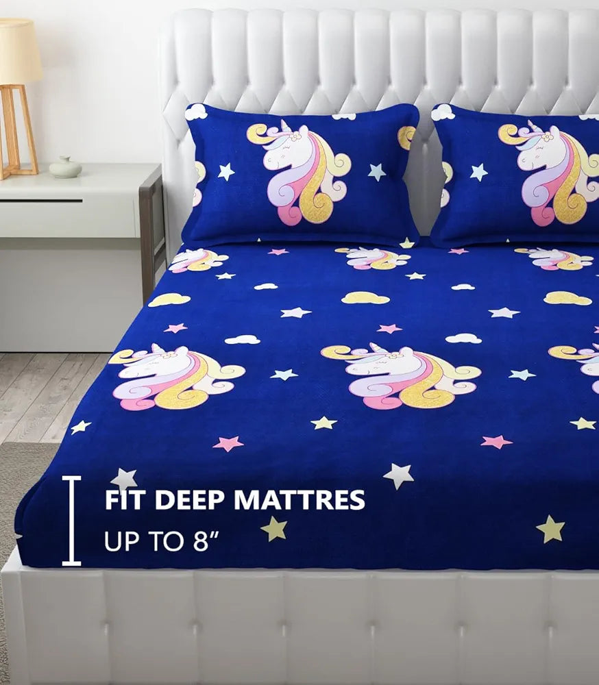 Fresh From Loom Bed Sheet Cartoon Printed Double Bedsheets King Size for Kids with 2 Pillow Cover 144 TC Dinosaur Blue