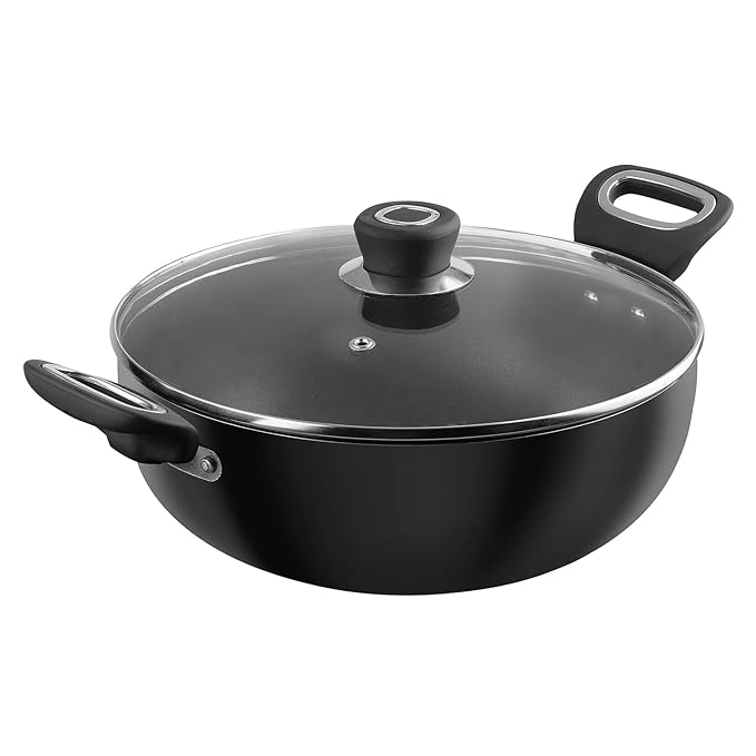 Vinod Hanos Hard Anodised Non Stick Deep Kadhai with Glass lid - 3.1 Litre, 24 cm | 3.25mm Thick | 5X Non Stick