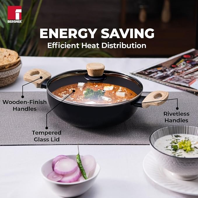 Bergner Bellini Plus Aura 5-layer Non-stick 22 Cm Kadai With Glass Lid | 2.9 Litres Kadhai
