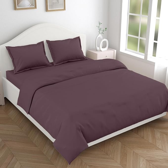Haus & kinder Cotton Plain Solid Bedsheet for King Size 2 Pillow Covers | Colour Plum