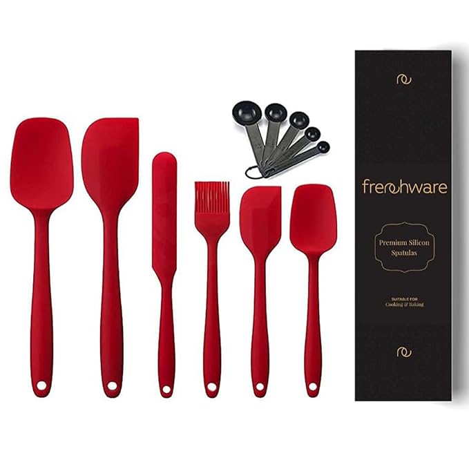 Frenchware Set of 6 With Measuring Tablespoons, Red | Non-stick Premium Silicone Spatula for Cooking, Baking & Mixing | Dishwasher Safe