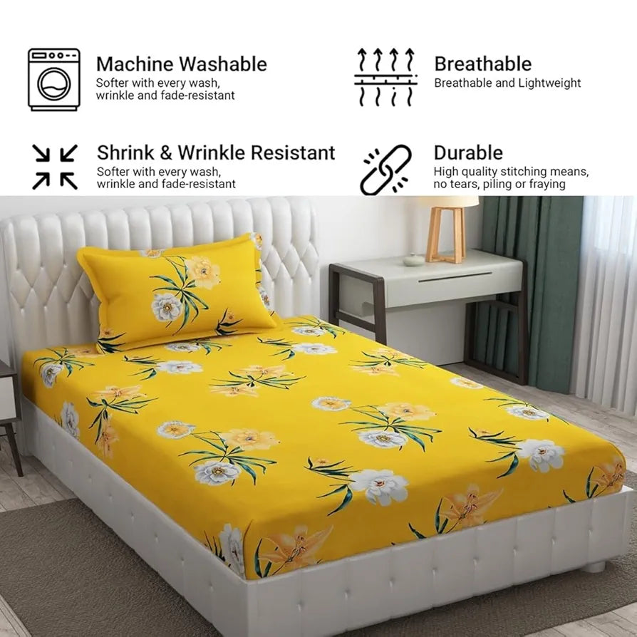 Fresh From Loom Single Bed Floral Design Microfiber Single Bedsheet Bedsheets Bedcover Wrinkle Free Includes 1 Pillow Covers 144 TC Peach Yellow