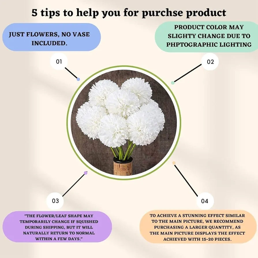 Artificial Chrysanthemum Hydrangea Ball Flower Sticks White