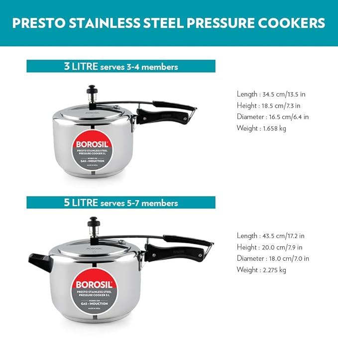 Borosil Presto Induction Base Stainless Steel Inner Lid Pressure Cooker | 3 Litres