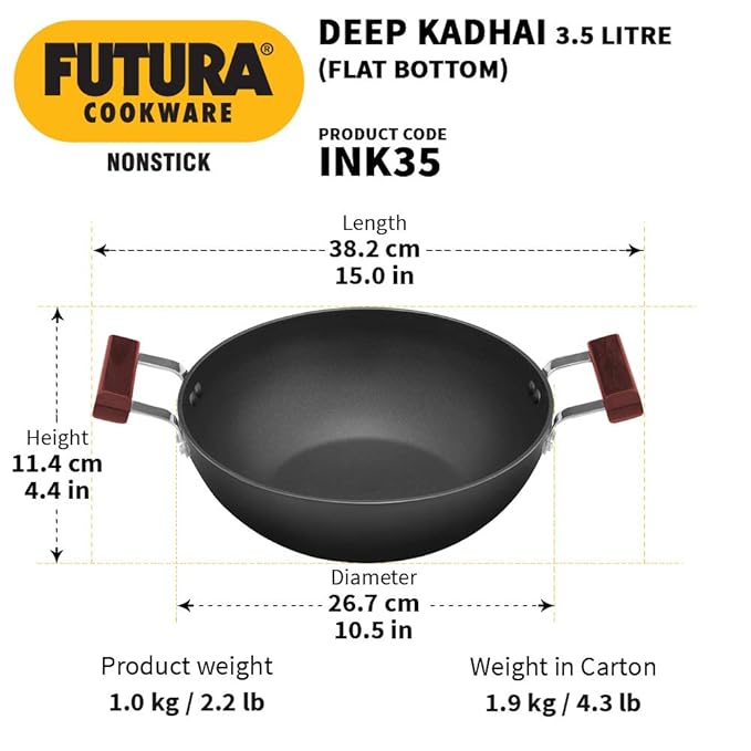 Hawkins Futura 3.5 Litre Deep Kadhai Non Stick Kadai Flat Bottom Induction Kadhai