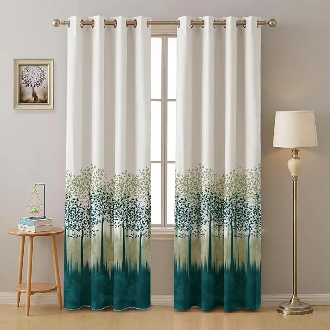 Urban Space Cotton Semi Sheer Curtains For Door Set Of 2 With Eyelets And Tieback (Colour Panel Jungle Blue)