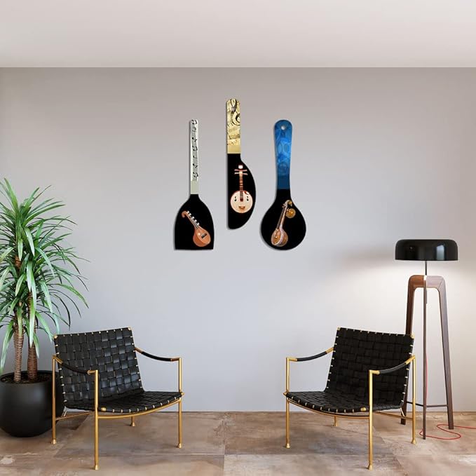 Artvibes Sitar Music Instrument Wooden Wall Hanger for Home | Artworks | Set of 3