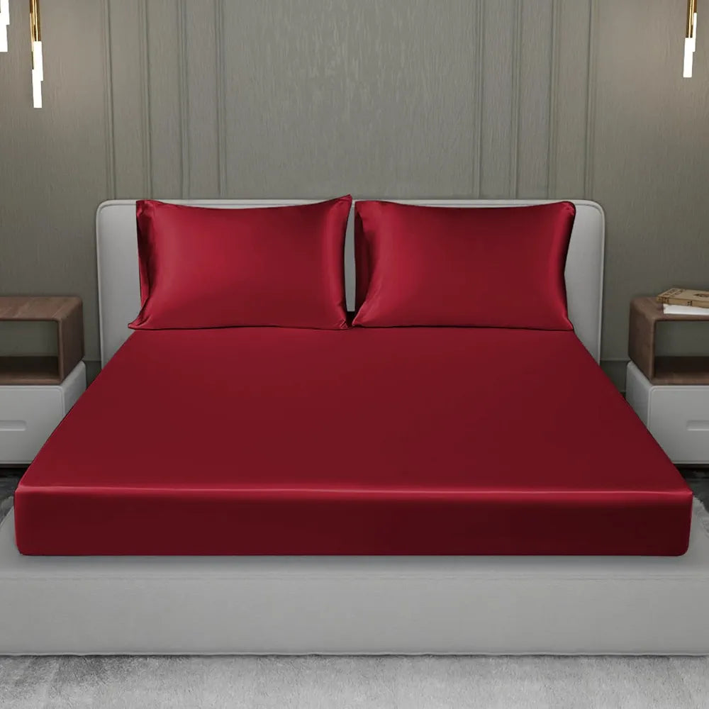 Cloth Fusion Satin Elastic Fitted Bedsheets Double Bed Luxury Queen Size Bed Sheet with 2 Pillow Covers Crimson Red