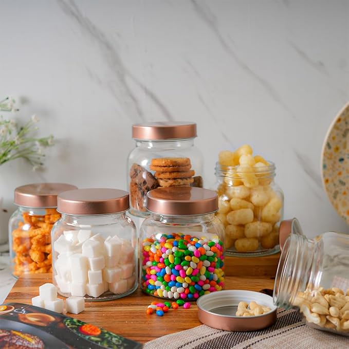 Femora Kitchen Storage Jars Clear Glass Jar With Steel Lid Air Tight Jar | 700 Ml | Pack of 1 | Golden Lid