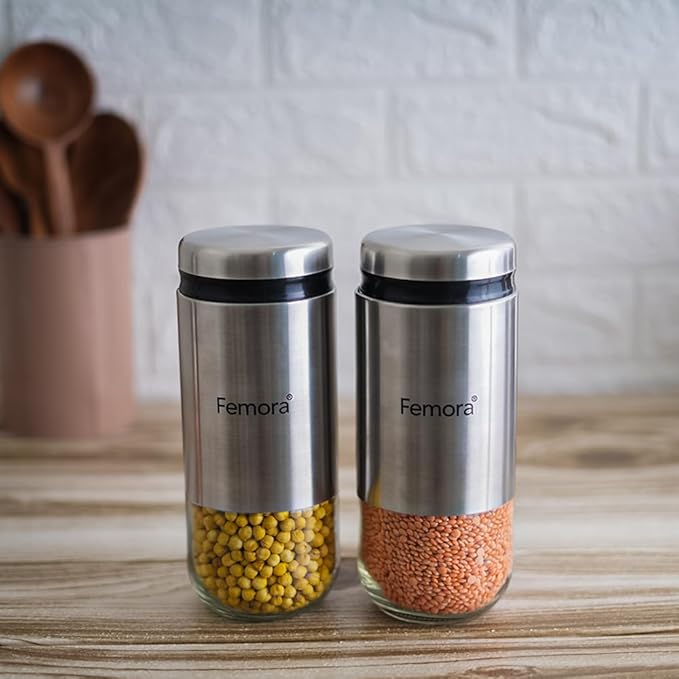 Femora Kitchen Storage Jars Steel Body With See Through Bottom Jar | 550 Ml | Pack of 2