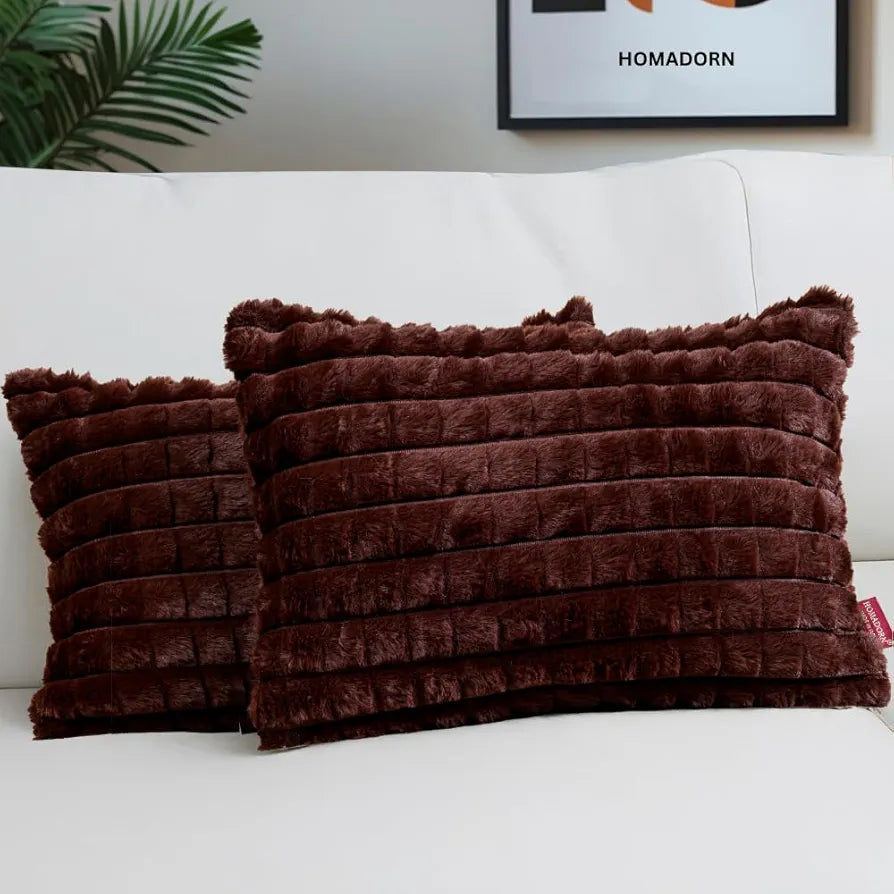 Homadorn Luxury Plush Fur Reversible Cushion Cover Ultra Soft & Cozy Brown