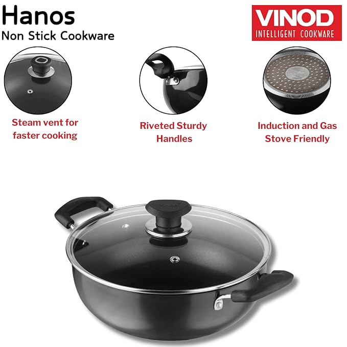 Vinod Hanos Hard Anodised Non Stick Deep Kadhai with Glass lid - 2.6 Litre, 22 cm | 3.25mm Thick | 5X Non Stick