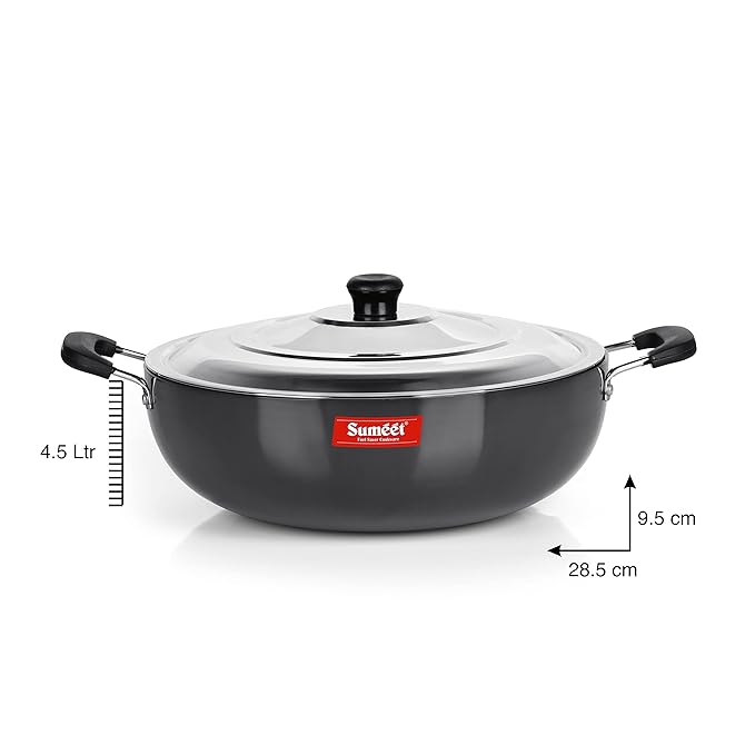 Sumeet 3mm Hard Anodized Deep kadai with Stainless Steel Lid Big Size No 15 28.5cm 4.5 Liter