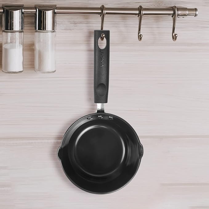 Vinod Black Pearl Hard Anodised American Non Stick Saucepan - 1 litre, 14cm | 3.25mm Thickness | Metal Spoon Friendly | Easy to Pour