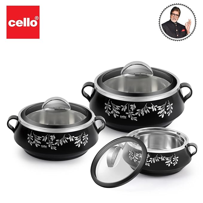 Cello Glitter Casserole With Inner Steel | Insulated Stainless Steel Inner Body Casserole Set for Meal | Set Of 3