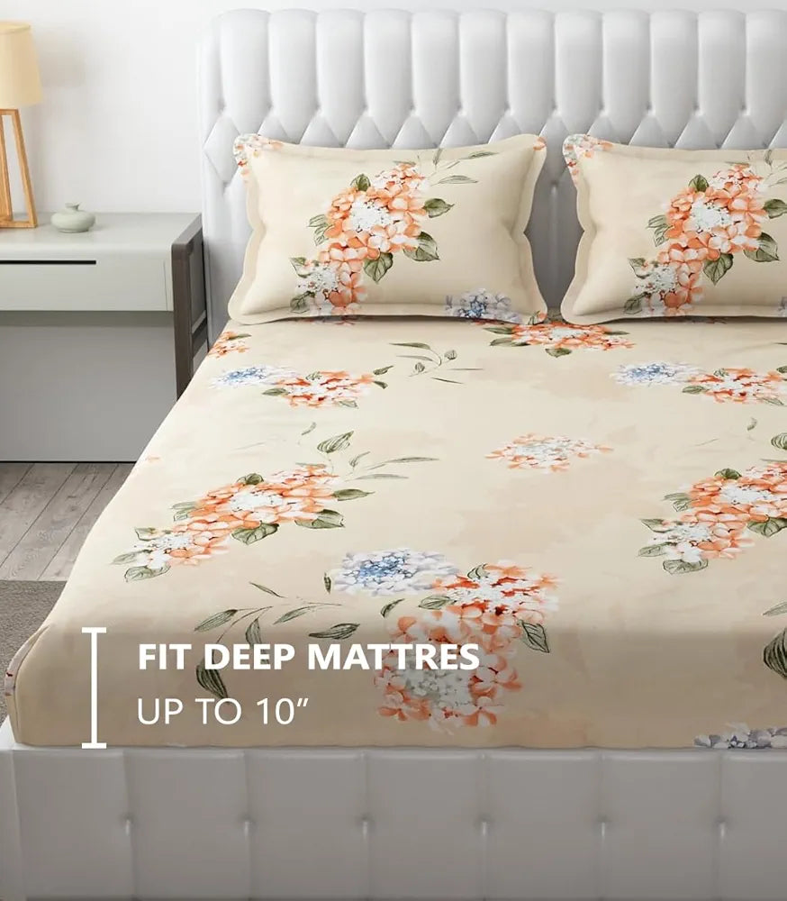 Fresh From Loom Elastic Fitted Floral Bed Sheets King Size Bed with Two Pillow Cover Rose Beige 144 TC