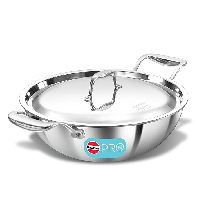 Hawkins Pro 3.5 Litre Deep-Fry Pan, Triply Stainless Steel Kadhai with Stainless Steel Handles and Stainless Steel Lid, Silver