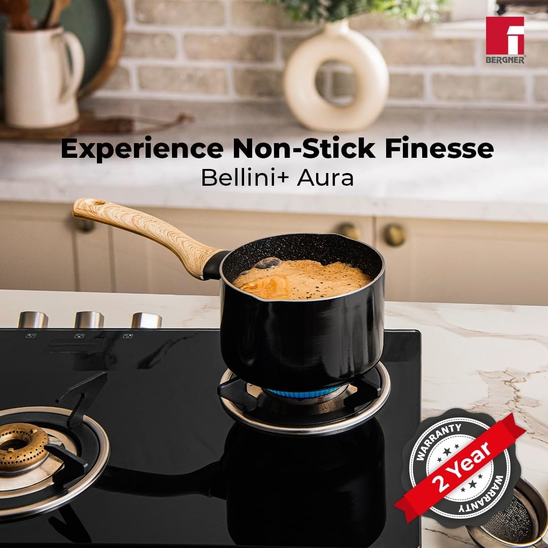 Bergner Bellini Plus Aura 5-layer Non-stick 16 Cm Saucepan, 1.8 Litres Sauce Pan With Soft Touch Wooden Finish Handle