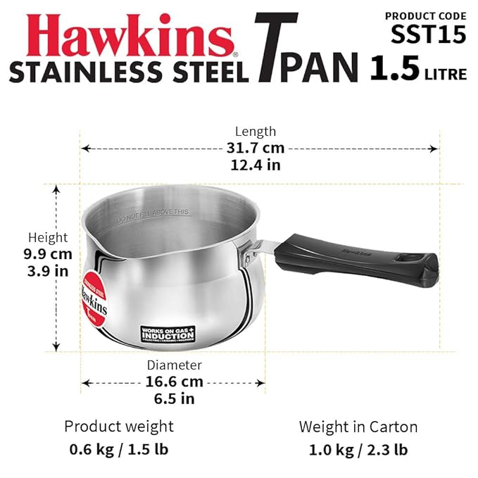 Hawkins 1.5 Litre Tpan Stainless Steel Tea Pan Induction Sauce Pan Chai Pan