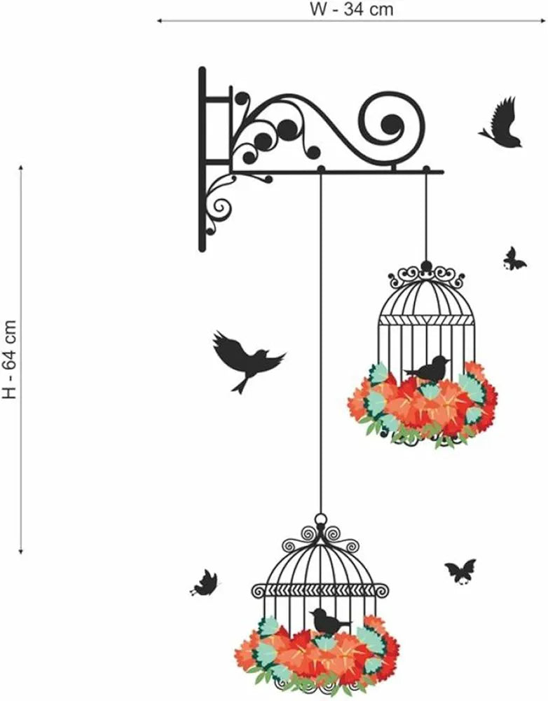 Decals Design Hanging Birds Cage with Flowers Wall Sticker