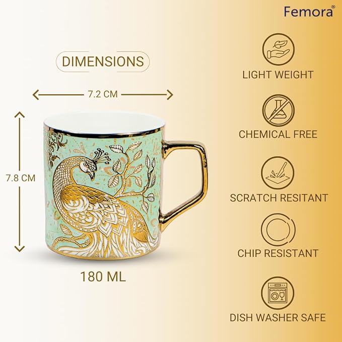 Femora Premium Peacock Motif with Leaves Pattern Ceramic Coffee & Tea Cup Set of 6 Each - 100 gms