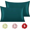 Cloth Fusion Satin Pillow Cover Set of 2 Pillow case with 3 Satin Soft Scrunchies Peacock Green
