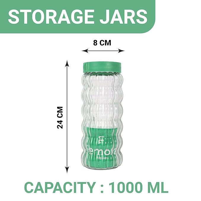Femora Kitchen Storage Jars Clear Glass With Plastic Stackable Lid Jar | 1000 Ml | Pack of 2