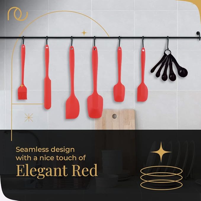 Frenchware Set of 6 With Measuring Tablespoons, Red | Non-stick Premium Silicone Spatula for Cooking, Baking & Mixing | Dishwasher Safe