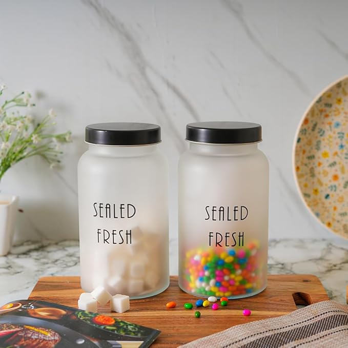 Femora Kitchen Storage Jars Frosted Glass Jar With Steel Lid Air Tight Jar | 1500 Ml | Pack of 4 | Black Lid
