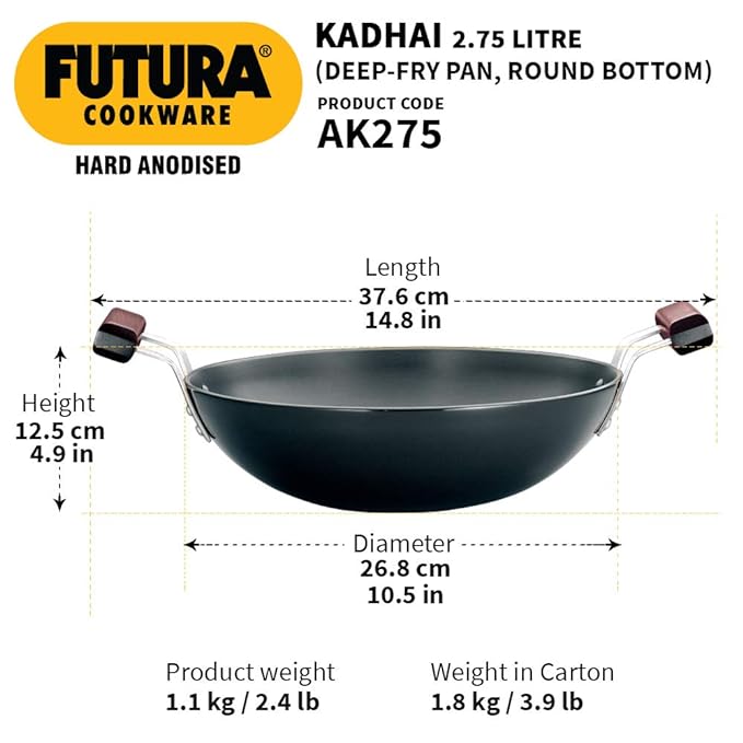 Hawkins Futura 2.75 Litre Deep Fry Pan Hard Anodised Kadai Round Bottom Kadhai