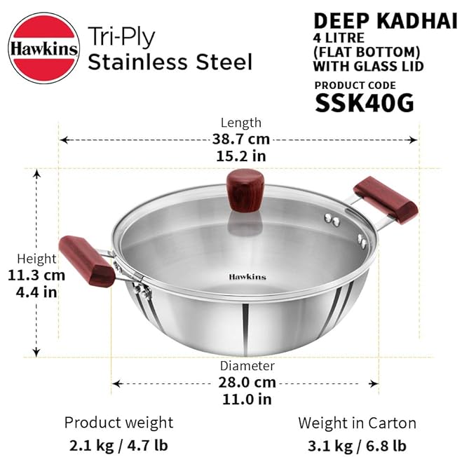 Hawkins 4 Litre Deep Kadhai Triply Stainless Steel Kadai with Glass Lid