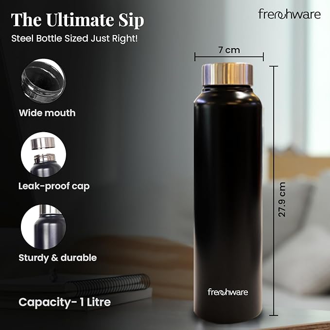 Frenchware Water Bottle 1 Litre, Stainless Steel, Premium Ss 304 | Charcoal Black