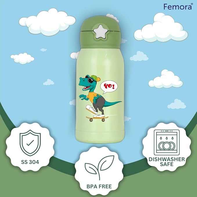 Femora Dino Thermosteel Double Wall Vacuum Kids Water Bottle with Bag - 350 gms