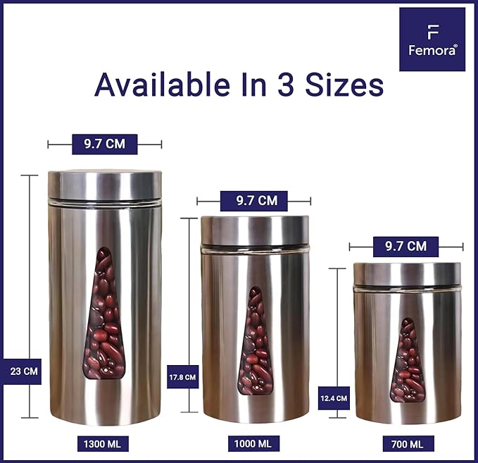Femora Kitchen Storage Jars Steel Finish With See Through Window Jar | 1300 Ml | Pack of 1
