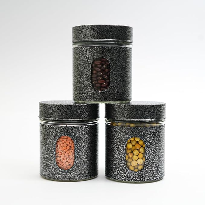 Femora Carbon Steel Jar for Kitchen Storage With Clear Glass Window and Carbon Steel Lid | 300 Ml | Set of 3 | of Lids | Black