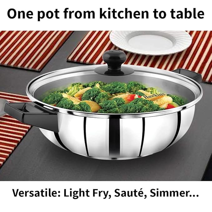 Hawkins 3 Litre Cook n Serve Frying Pan Stainless Steel Fry Pan with Glass Lid