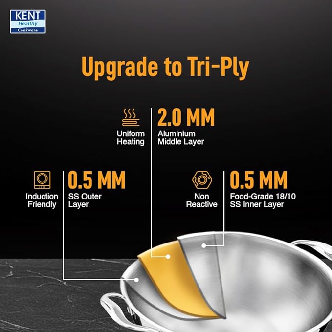 Kent Triply Kadai 28 Cm With Ss Lid Stainless Steel Aluminium