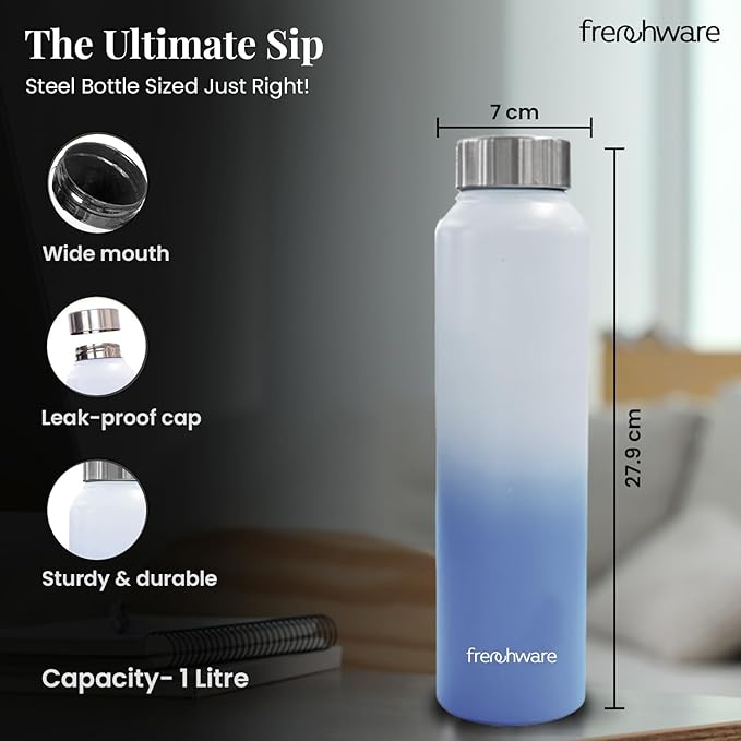 Frenchware Water Bottle 1 Litre, Stainless Steel, Premium SS 304, Ocean Blue & Pearl | Easy-to-Clean