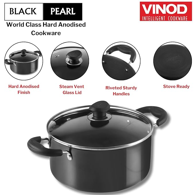 Vinod Black Pearl Hard Anodised Saucepot with Glass Lid 5 Litre, 24cm | 3.25mm Thick | Metal Spoon Friendly | Riveted Sturdy Handles