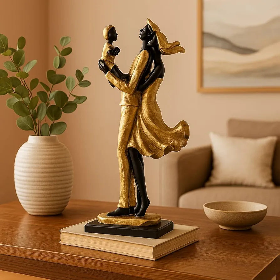 Xtore Lavish Golden Black Resin Couple Statue with Child for Home Decor