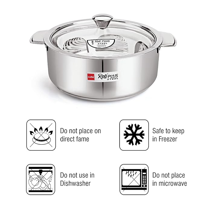 Cello Roti Plus Big Solid Stainless Steel Double Walled Casserole for Roti | 2500ml | Silver | Hot Box