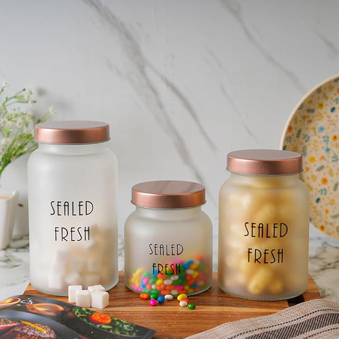 Femora Kitchen Storage Jars Frosted Glass Jar With Steel Lid Air Tight Jar | 1500 Ml | Pack of 1 | Golden Lid
