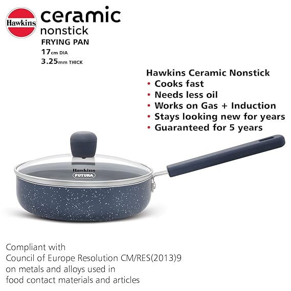 Hawkins Ceramic Nonstick Frying Pan 17 cm Diameter Induction Fry Pan with Glass Lid