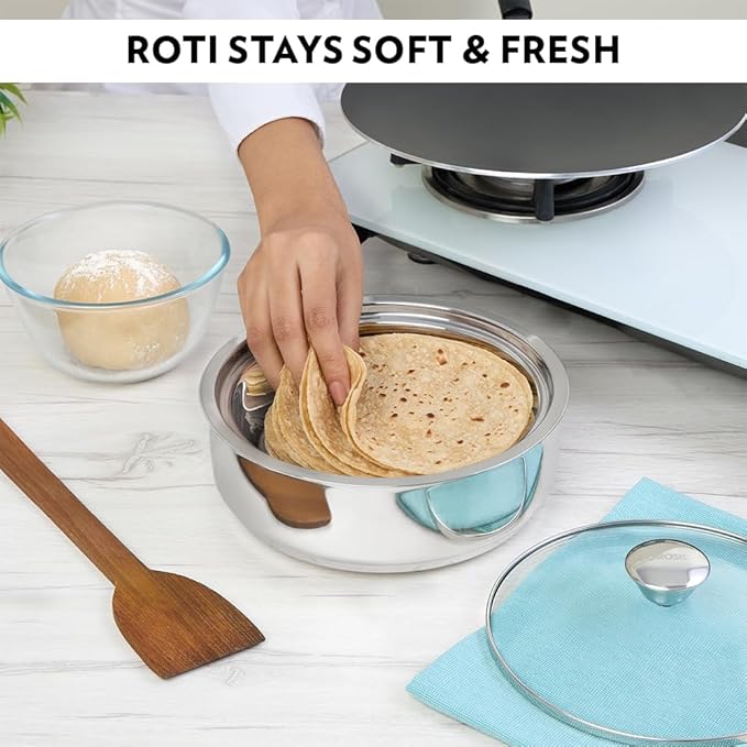 Borosil Stainless Steel Insulated Roti Server | 1.1 Litres | Silver