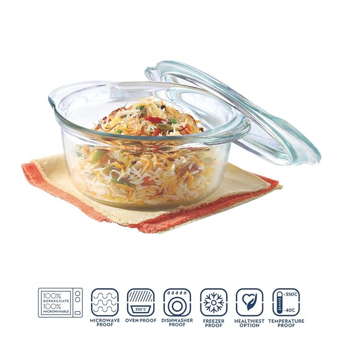 Borosil Glass Casserole Oven and Microwave Safe Serving Bowl With Glass Lid | 1.75 Litres | Transparent