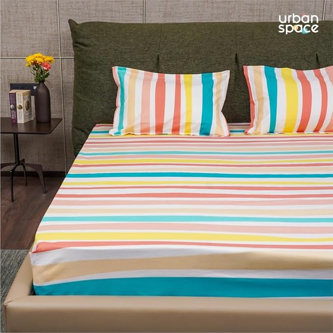 Urban Space Serene Bedsheet for Double Bed 2 Pillow Covers Multi Colour Stripes-Paste