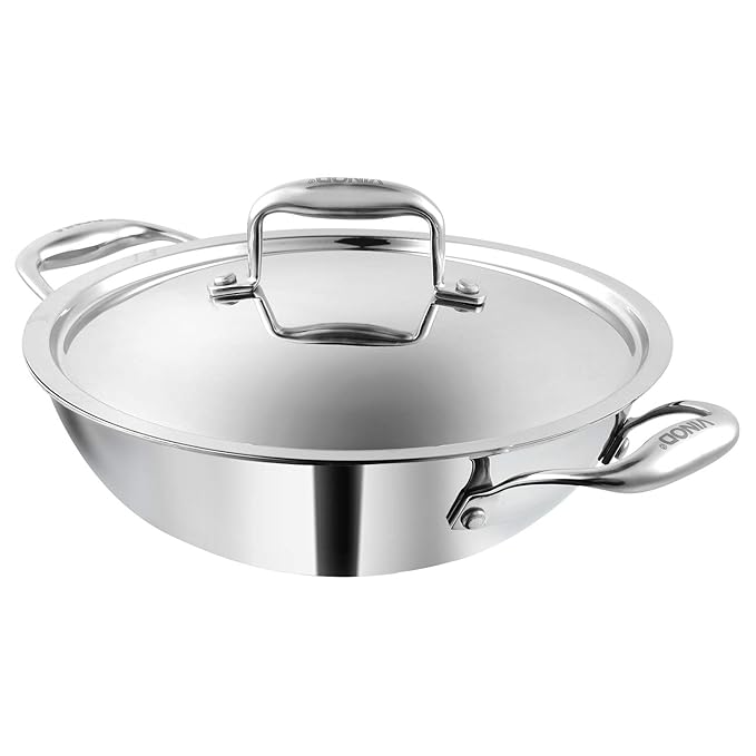 Vinod SAS Pro Platinum Triply Stainless Steel Non Stick Kadhai with Lid - 1.8 Litre, 22 cm | Ceramic Coating | Honeycomb Design Induction Base