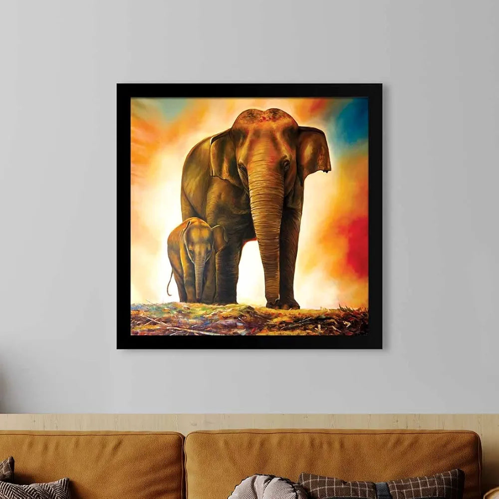 ArtX Elephant and Baby Abstract Big Canvas Painting For Bedroom With Frame